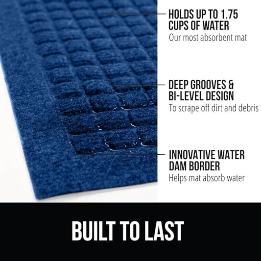 GORILLA GRIP Front Door Mat, Indoor Outdoor Ultra Absorbent HydroAbsorb Doormat, Absorbs Up to 1.7 Cups of Water, Stain and Fade Resistant, Rubber Backing Doormats, Captures Dirt, 29x17 Blue