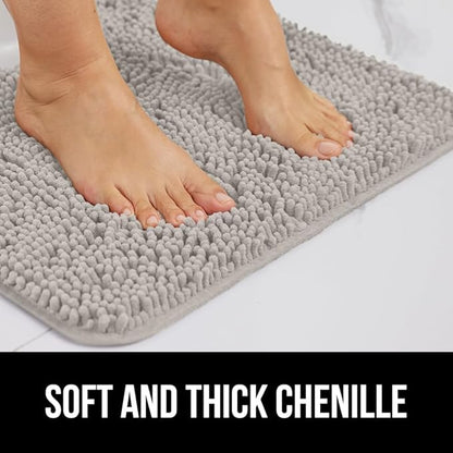 GORILLA GRIP Plush Absorbent Shaggy Chenille Bath Rug Mat for Square Toilet Base with Rubber Backing, Machine Washable Rugs, Soft Microfiber Contour Mats for Toilets, Bathroom Decor, Lt Gray