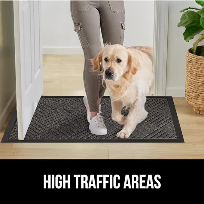 GORILLA GRIP 100% Waterproof All-Season WeatherMax Doormat 35x23, US Designed Natural Rubber, Stain and Fade Resistant, Low Profile Indoor Outdoor Door Mats, Easy Clean Patio Mat, Gray Diamond
