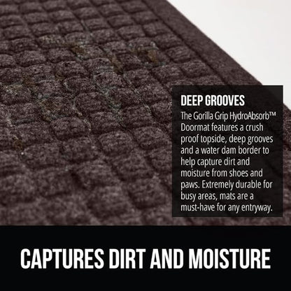 GORILLA GRIP Front Door Mat, Indoor Outdoor Ultra Absorbent HydroAbsorb Doormat, Absorbs Up to 1.7 Cups of Water, Stain and Fade Resistant, Rubber Backing Doormats, Captures Dirt, 29x17 Coffee