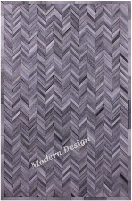 Modern Design Premium Cowhide Leather Carpet with Chevron Pattern, Area Rug (Natural Multi Grey, 2x3)