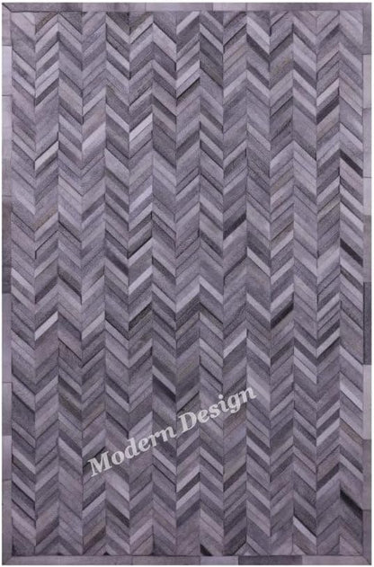 Modern Design Premium Cowhide Leather Carpet with Chevron Pattern, Area Rug (Natural Multi Grey, 4x6)
