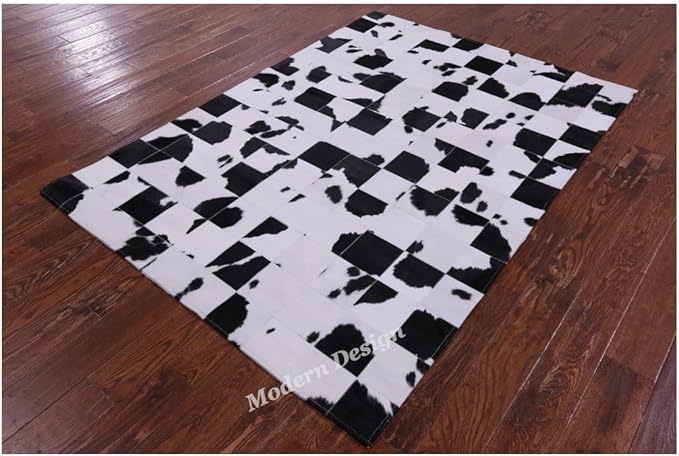 Modern Design Premium Cowhide Leather Carpet with Chevron Pattern, Area Rug (Black/White, 9x15)