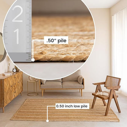 HOMEMONDE Natural Braided Jute Area Rug - 8'x10' Off White Stripe Eco Friendly Premium Fiber - Durable and Reversible Boho Farmhouse Decor Rugs for Living Room, Bedroom, Dinning Room, Kitchen, Office