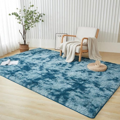 Andency Soft Area Rugs for Living Room Bedroom, 4x6 Fluffy Shaggy Bedside Rug, Non-Slip Large Shag Fuzzy Plush Carpets for Bedroom Kids Dorm Nursery Home Decor Aesthetic, Tie-Dyed Navy Blue