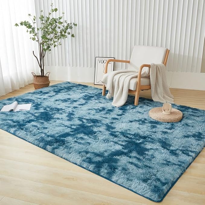 Andency 6x9 Area Rugs, Large Shag Fluffy Soft Shaggy Rugs for Living Room Bedroom, Non-Slip Tie-Dyed Navy Blue Thick Plush Carpet for Kids Girls and Boys, Dorm Nursery Home Decor Aesthetic