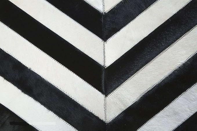 Round Cowhide Rug Black and White – Handmade Genuine Leather Chevron Patchwork Carpet – Modern Luxury Hide Area Rug for Living Room Bedroom Office Rustic Farmhouse Home Décor, (4×4ft)