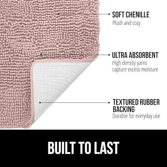 GORILLA GRIP Bath Rug Mat 36x24, Soft Absorbent Chenille, Quick Dry Microfiber Mats, Rubber Backing Washable Shower Floor Rugs, Bathmat Runner, US Designed Bathroom Home Decor Accessories Dusty Rose