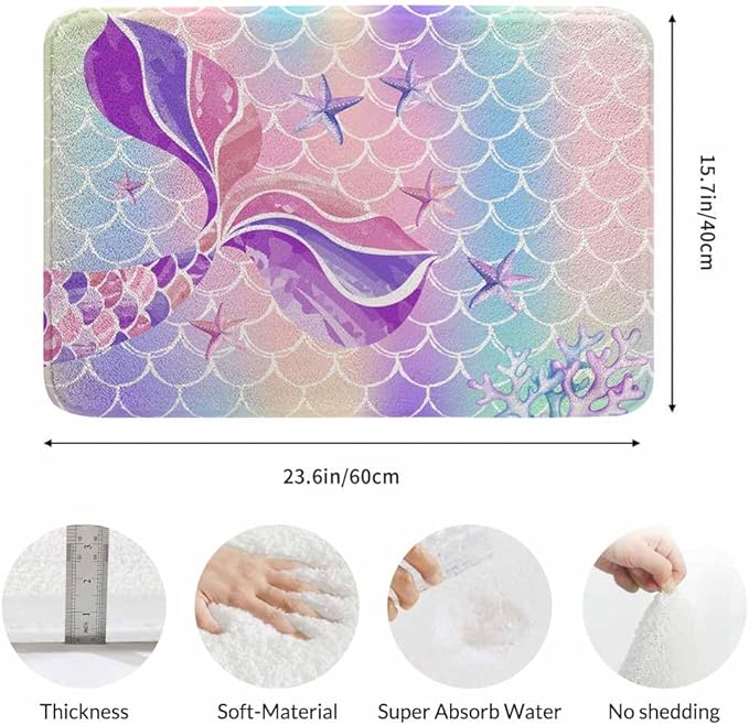 Mermaid Tail in Watercolor Bath Rugs for Bathroom Durable Flannel Bath Rug Clearance Mats for Forlaundry Room and Kitchen Decor Carpt Washable 15.7 x 23.6 Inch
