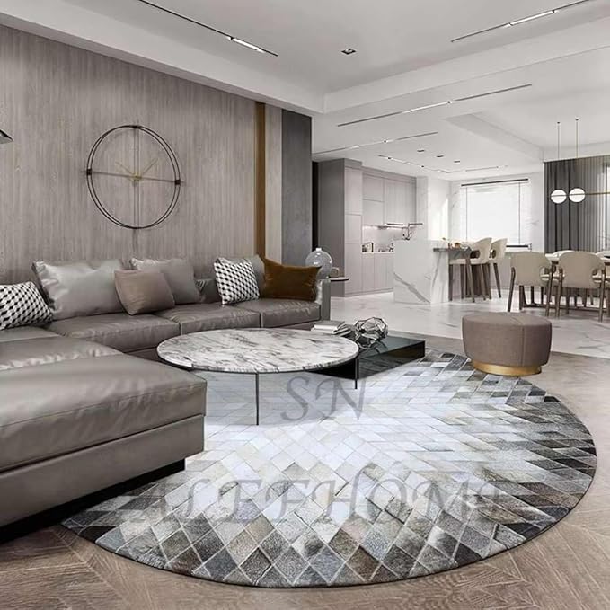 Cowhide Hairon Leather Round Rug, Geometric Patterned Circle Carpet for Living Room, Bedroom, Hall, Brown, 3×3ft