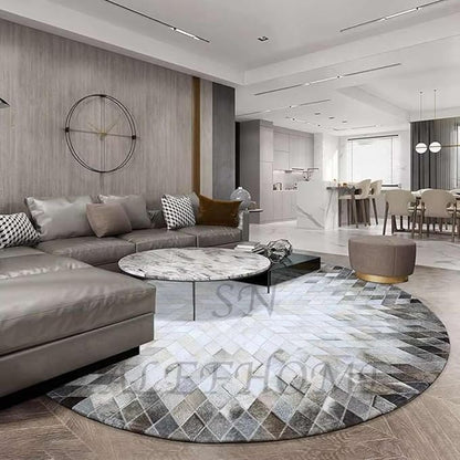 Cowhide Hairon Leather Round Rug, Geometric Patterned Circle Carpet for Living Room, Bedroom, Hall, Brown, 3×3ft