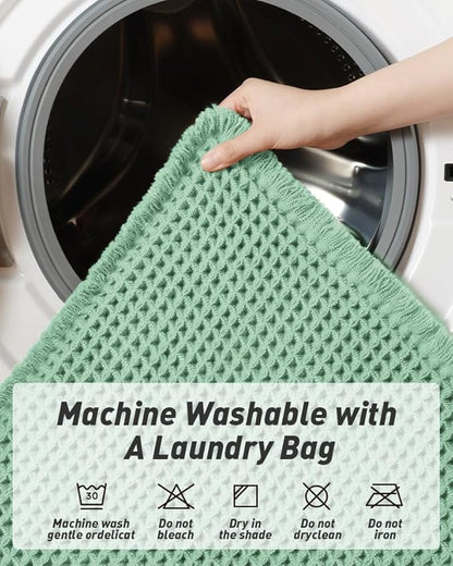 AMOAMI Upgraded Waffle Runner Rug Super Absorbent Non Slip Bath Mats for Bathroom Machine Washable Bathroom Runner Rug with Tassels, Ideal for Hallway Bedroom Laundry Room, 17" x 48", Sage