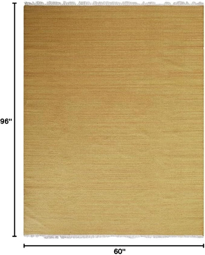 Rugsotic Carpets Hand Woven Flat Weave Kilim Wool ECO-Friendly Area Rugs - 5'x8', Rectangle Shape, Gold Color, Solid Plain Design, Low Pile Handmade Area Rugs for Living Room, Bed Room (D00111)
