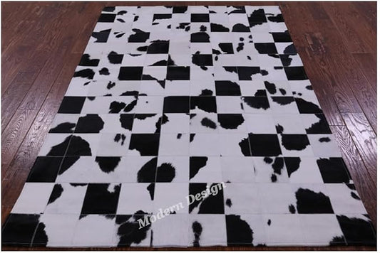 Modern Design Premium Cowhide Leather Carpet with Chevron Pattern, Area Rug (Black/White, 9'6"x14'0)