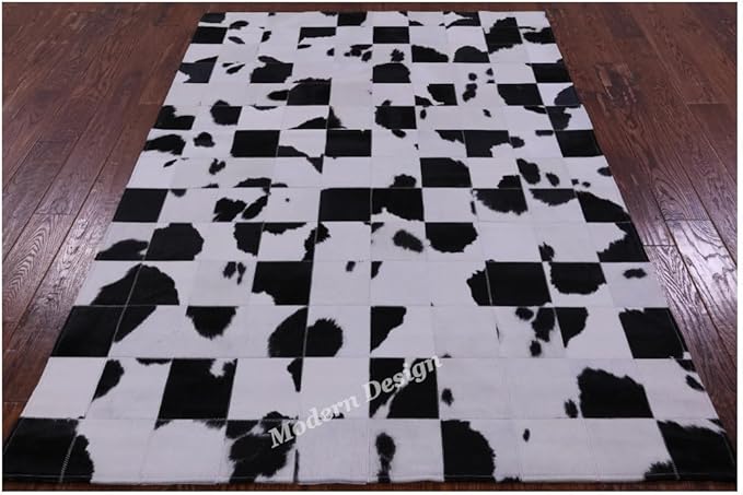 Modern Design Premium Cowhide Leather Carpet with Chevron Pattern, Area Rug (Black/White, 9'6"x14'0)