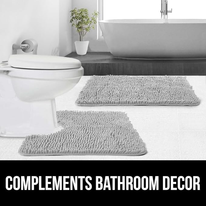 GORILLA GRIP Plush Absorbent Shaggy Chenille Bath Rug Mat for Oval Toilet Base with Rubber Backing, Machine Washable Rugs, Soft Microfiber Contour Mats for Toilets, Bathroom Decor, Lt Gray