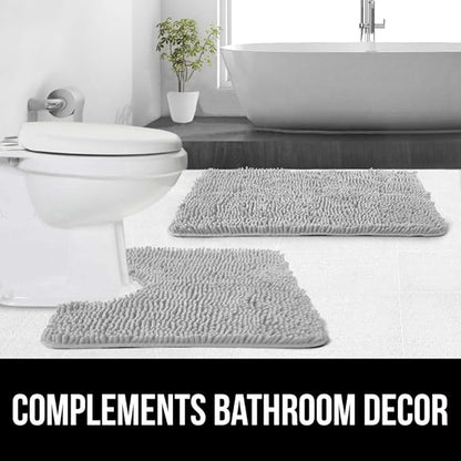 GORILLA GRIP Plush Absorbent Shaggy Chenille Bath Rug Mat for Oval Toilet Base with Rubber Backing, Machine Washable Rugs, Soft Microfiber Contour Mats for Toilets, Bathroom Decor, Lt Gray