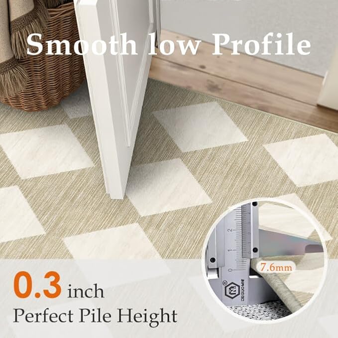 3x5 Checkered Area Rugs for Living Room Beige Machine Washable Large Rug Non-Slip Stain Resistant Low Pile Boho Accent Indoor Throw Carpet for Office Bedroom Dining Room Classroom