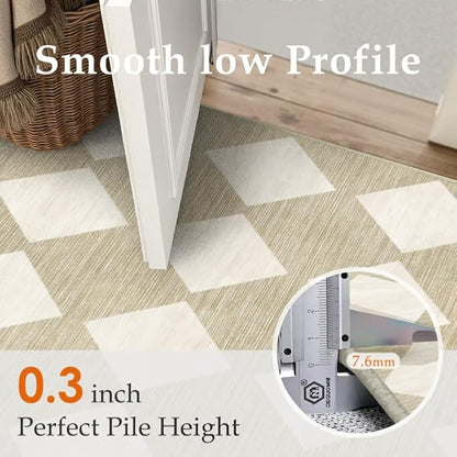 3x8 Runner Checkered Rug for Hallways Beige Washable Long Carpet Non-Slip Low Pile Boho Indoor Accent Throw Rug for Entrance Kitchen Bedroom Dining Laundry