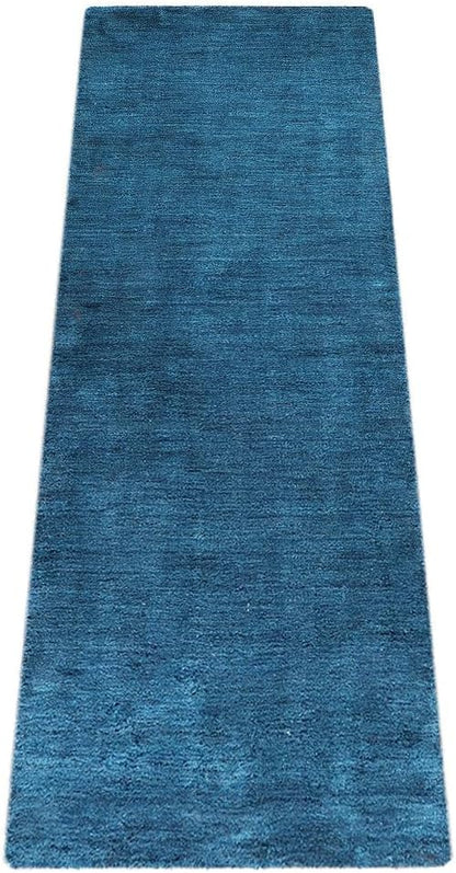 Hand Knotted Loom Wool ECO-Friendly Area Rugs - 2'6"x8', Runner, Blue Color, Solid Plain Design, High Pile Thick Handmade Anti Skid Area Rugs for Living Room, Bed Room (L00111)