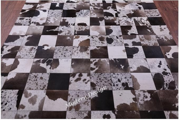 Modern Design Premium Cowhide Leather Carpet with Chevron Pattern, Area Rug (D.Brown/White, 3x14)