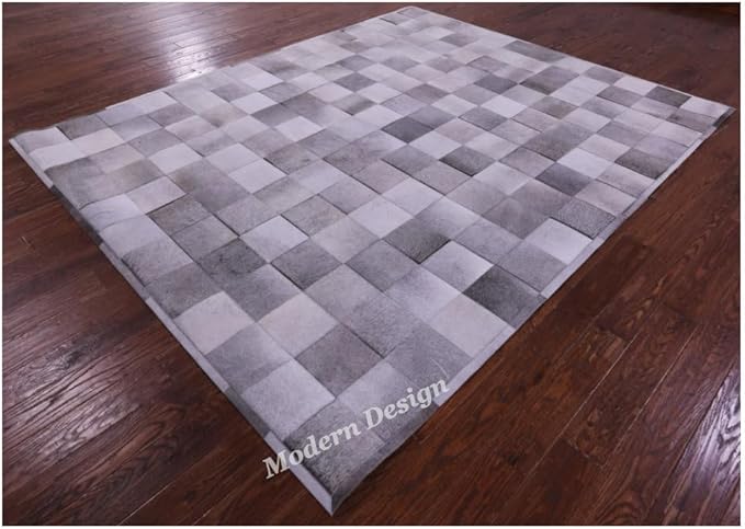 Modern Design Premium Cowhide Leather Carpet with Chevron Pattern, Area Rug (Grey, 3x12)