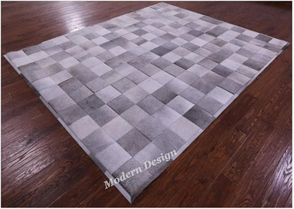 Modern Design Premium Cowhide Leather Carpet with Chevron Pattern, Area Rug (Grey, 9x12)