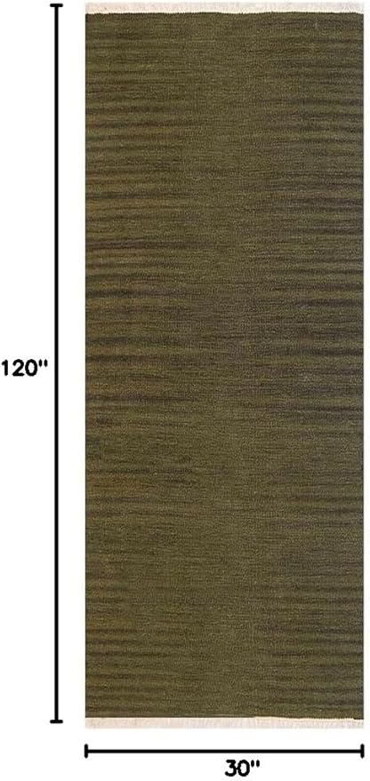 Rugsotic Carpets Hand Woven Flat Weave Kilim Wool ECO-Friendly Area Rugs - 2'6''x10', Runner Shape, Olive Color, Solid Plain Design, Low Pile Handmade Area Rugs for Living Room, Bed Room (D00111)