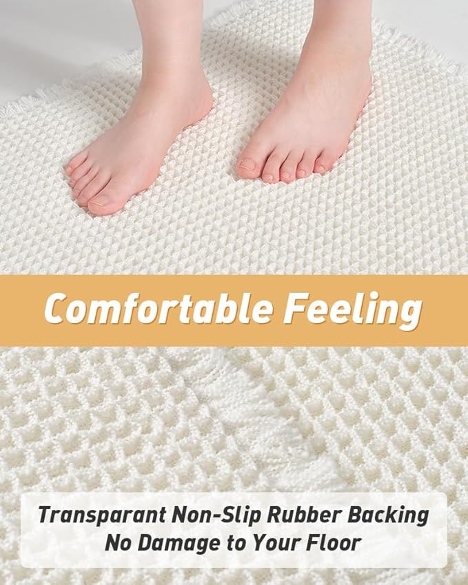 AMOAMI Upgraded Waffle Bath Mat, Super Absorbent Non Slip Bath Mats for Bathroom Floor, Machine Washable Boho Bathroom Rugs with Tassels, Rubber Backed Bathroom Mats, Ultra Soft, 24" x 36"