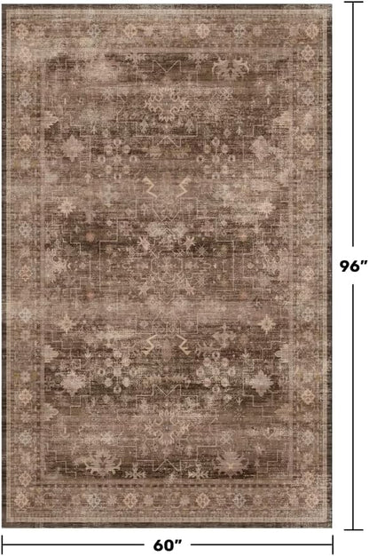 Taupe Brown 5x8 Rug for Living Room - Vintage Traditional Dark Neutral Geometric, Washable Foldable Non-Slip Area Rugs for Dining Under Table, Home Office, Guest Room