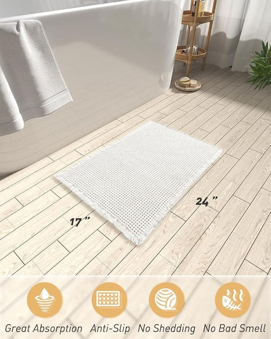 AMOAMI Upgraded Waffle Bath Mat, Super Absorbent Non Slip Bath Mats for Bathroom Floor, Machine Washable Bathroom Rugs with Tassels, Rubber Backed Bathroom Mats, Ultra Soft, 17" x 24", White