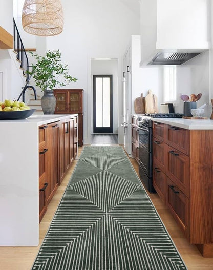 GLN Rugs Contemporary Collection - Machine Washable Area Rug, Contemporary Washable, Non Slip, Low Pile Chenille Rug, Living Room, Bedroom, Kitchen Rug (2'6" x 10' Beige Green)