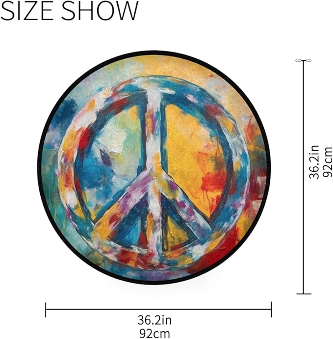 Non-Slip Round Rug, Washable Indoor/Outdoor Carpet with Boho-Style Peace Sign Painting Perfect for Bedroom, Living Room, Entryway and Dining Room Under Table.