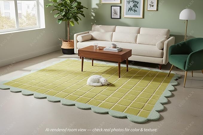 Checkered Wool Area Rug with Scalloped Border, Chartreuse Green & Cream Grid, Hand-Tufted, Soft Cut Pile, Modern Cottagecore Living Room, Bedroom & Nursery Carpet - 5x5 Ft (Round)