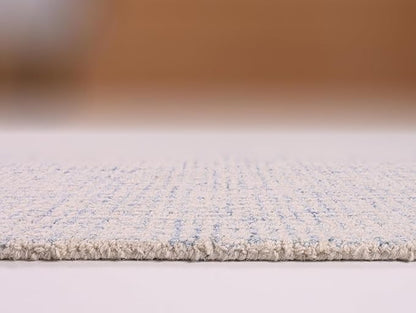 Hand-Tufted 100% Wool Pile Area Rug – Geometric Textured Grid Check Pattern – Thick and Durable Floor Carpet for Bedroom, Living Room, Kids Room, and Dining Area (Ivory Blue, 8' x 11')