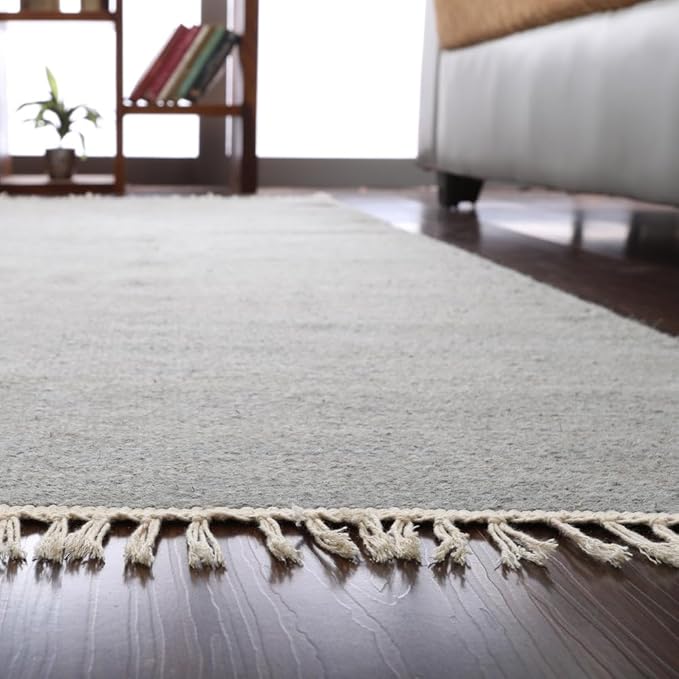 Rugsotic Carpets Hand Woven Flat Weave Kilim Wool ECO-Friendly Area Rugs - 9'x12', Rectangle Shape, Silver Color, Solid Plain Design, Low Pile Handmade Rugs for Living Room, Bed Room (D00111)