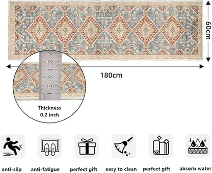 Moroccan Trellis Hallway Runner Rug Non-Slip Washable Geometric Standing Mats Anti-Fatigue Long Farmhouse Kitchen Mat Soft Low-Pile Distressed Area Rugs for Bathroom,Bedroom,Laundry 2' X 7'
