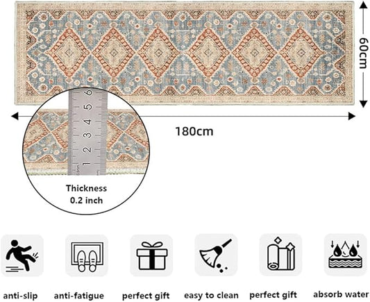Moroccan Trellis Hallway Runner Rug Non-Slip Washable Geometric Standing Mats Anti-Fatigue Long Farmhouse Kitchen Mat Soft Low-Pile Distressed Area Rugs for Bathroom,Bedroom,Laundry 2' X 7'