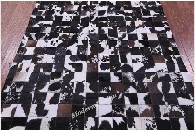Modern Design Premium Cowhide Leather Carpet with Chevron Pattern, Area Rug (Brown/White-2, 5x8)