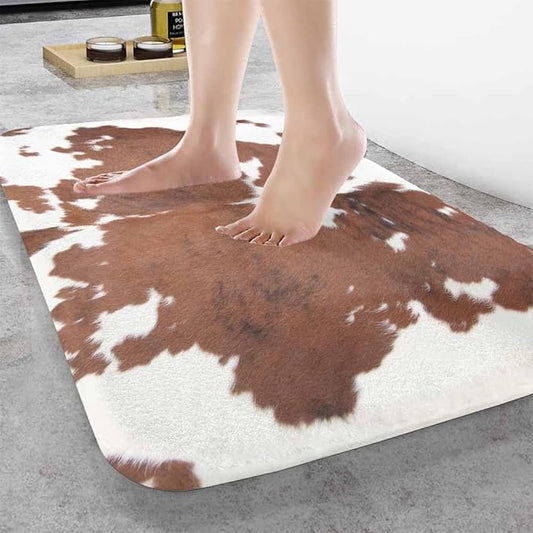 Cowhide Bath Mat for Bathroom Farm Animal Brown Cowhide Print Cow Bath Rugs Door Mat Non Slip Rubber Backed Bathroom Floor Mat for Bathtub Sink Shower 20"X32"