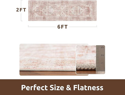 AMOAMI-2X6 Runner Rug-Washable Runners for Hallways-Soft Non Slip Bedside Rugs for Bedroom-Vintage Long Rug for Hallways Entryway Laundry Room Stair Kitchen Bathroom Pink