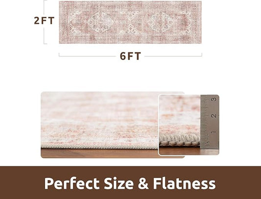 AMOAMI-2X6 Runner Rug-Washable Runners for Hallways-Soft Non Slip Bedside Rugs for Bedroom-Vintage Long Rug for Hallways Entryway Laundry Room Stair Kitchen Bathroom Pink