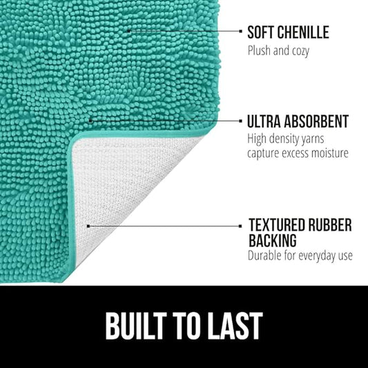 GORILLA GRIP Bath Rug Mat 60x24, Thick Soft Absorbent Chenille, Quick Dry Microfiber Mats, Rubber Backing Machine Washable Shower Floor Rugs, Bathmat Runner, Bathroom Home Decor Accessories, Turquoise