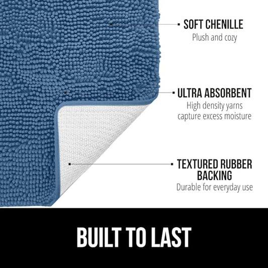 GORILLA GRIP Bath Rug Mat 30x20, Thick Soft Absorbent Chenille, Quick Dry Microfiber Mats, Rubber Backing Washable Shower Floor Rugs, US Designed Bathroom Bathmat Home Decor Accessories, Blue