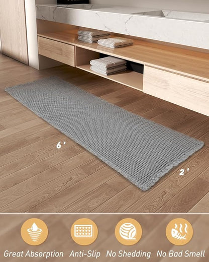 Upgraded Waffle Runner Rug Super Absorbent Non Slip Bath Mats for Bathroom Machine Washable Bathroom Runner Rug with Tassels, Ideal for Hallway Bedroom Laundry Room, Light Grey, 2' x 6'(24" x 72")