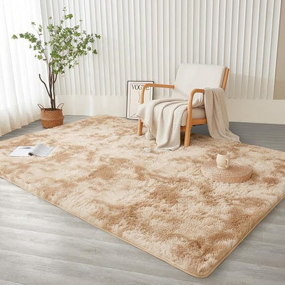 Andency Soft Area Rugs for Living Room Bedroom, 4x6 Fluffy Shaggy Bedside Rug, Non-Slip Large Shag Fuzzy Plush Carpets for Bedroom Kids Dorm Nursery Home Decor Aesthetic, Tie-Dyed Beige