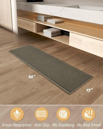 Upgraded Waffle Runner Rug, Super Absorbent Non Slip Bath Mats for Bathroom Floor, Machine Washable Bathroom Runner Rug with Tassels, Ideal for Hallway Bedroom Laundry Room, Dark Green, 17" x 60"