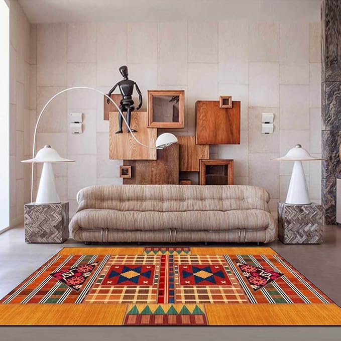 Vintage Boho Area Rugs Multicolor Ethnic Style Geometric Splicing Carpets Bedroom Living Room Kitchen Floor Mats Indoor Outdoor Non-Shedding Runner Rug Home Décor Carpet 4' X 8'