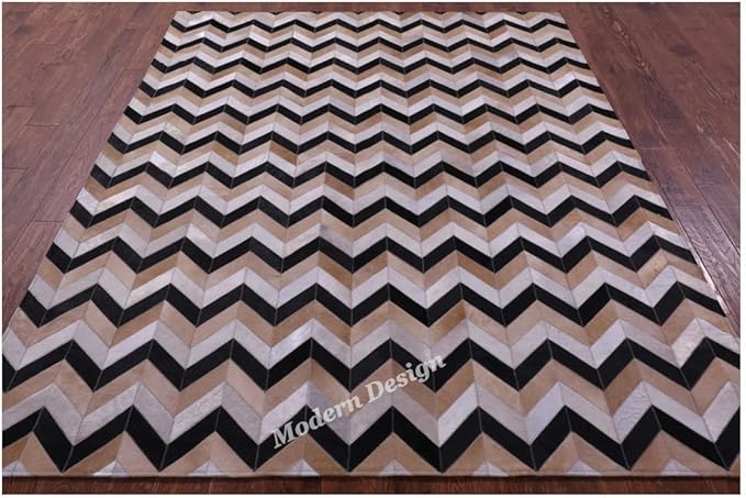 Modern Design Premium Cowhide Leather Carpet with Chevron Pattern, Area Rug (Beige/Black/Grey/Ivory, 8x10)