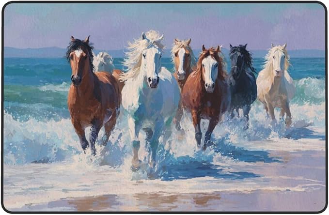 Horse Run Gallop in Waves Ocean Area Rug Washable Outdoor Rugs Anti-Slip Soft Carpet Entryway Indoor Door Mat for Bedroom,Living Room,Porch,Terrace and Entrance Decor 9'x 6'